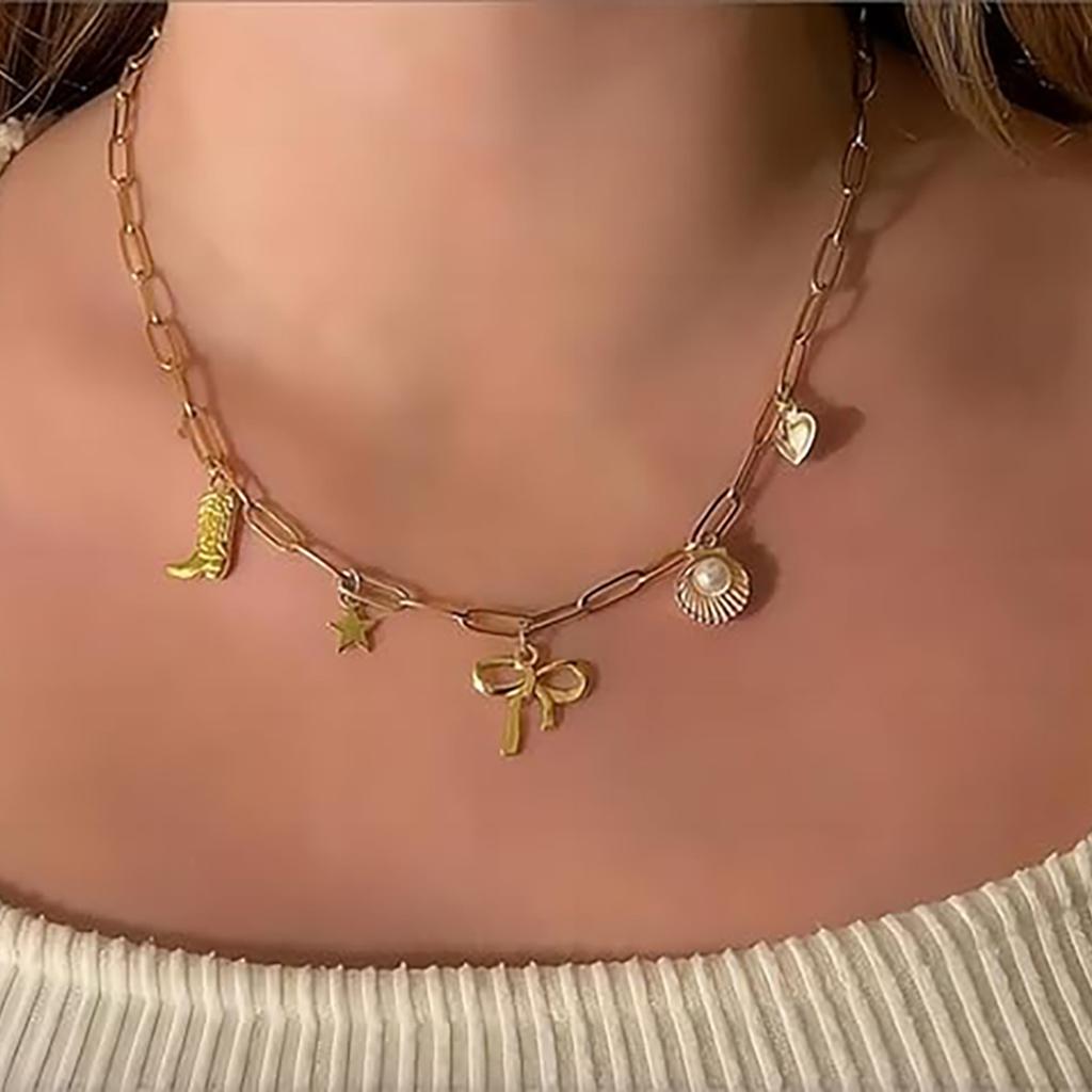 Paper Clip Necklace Bow Pentagram Shell Pearl Love Denim Boots Necklace