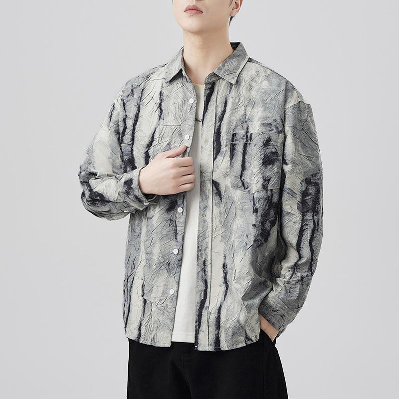 New Spring Japanese Retro Men's Loose Shirt Color Tie-dye Printed Casual American Shirt