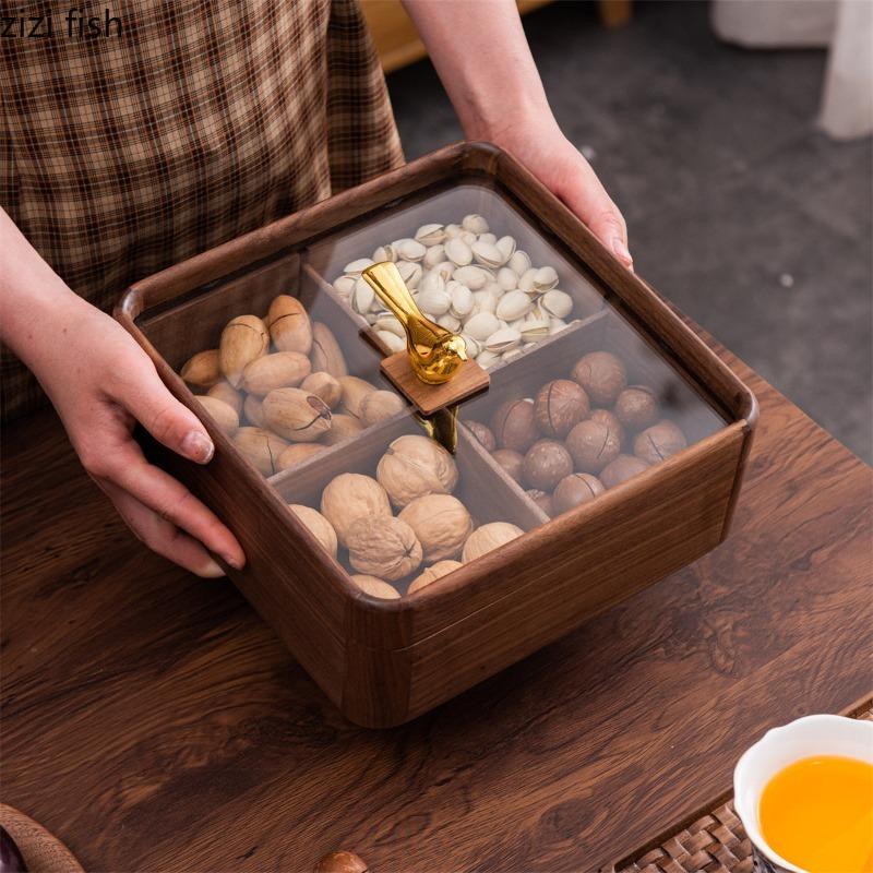 Solid Wood Dried Fruit Box with Lid Square Storage Box Multi Grid Snack Box Snack Platter Refreshments Plate Storage Bin