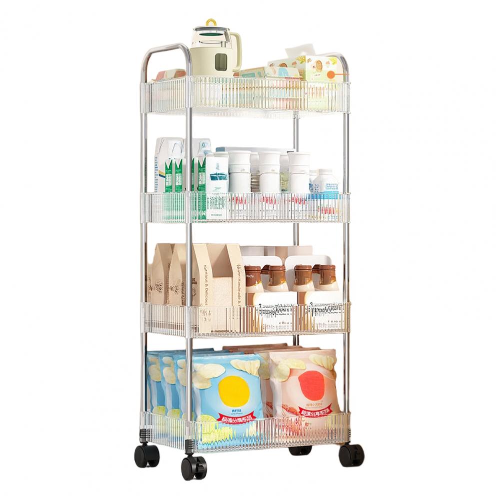 Transparent Storage Rack Rolling Trolley Storage Rack Transparent Bathroom Shelf with Hanging Baskets Wheels