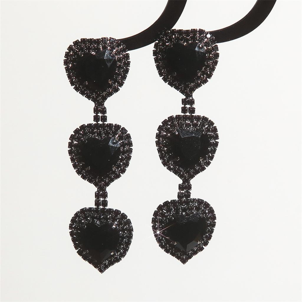 New High-Grade Black Long Love Earrings Temperament Luxury Rhinestone Earrings Prom Earrings Women's Earrings 1 Pair