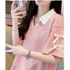 Large size fat mm waffle polo collar short-sleeved t-shirt women's summer new loose and thin bow top