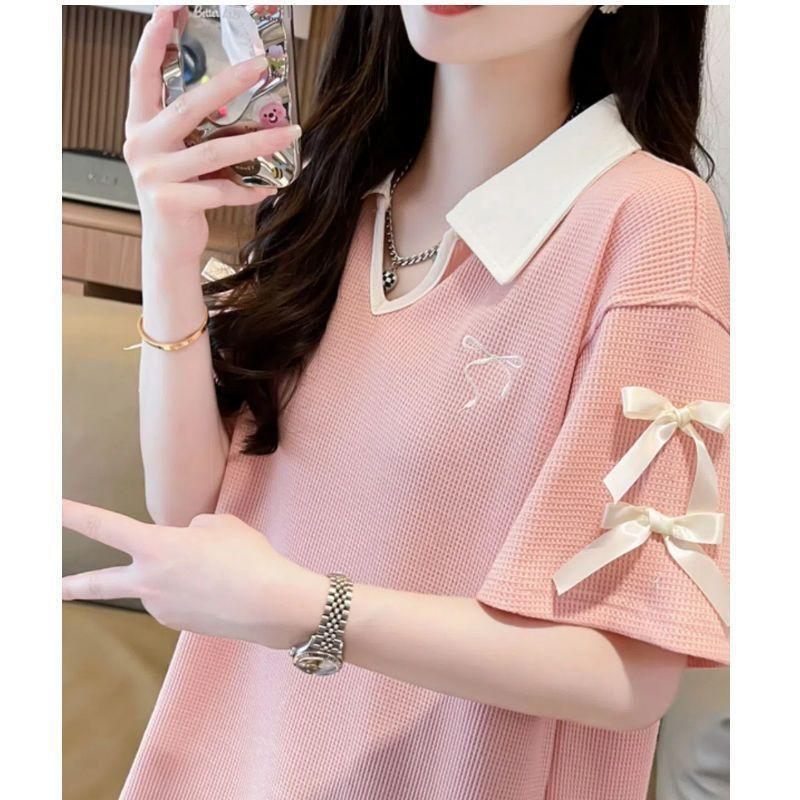 Large size fat mm waffle polo collar short-sleeved t-shirt women's summer new loose and thin bow top