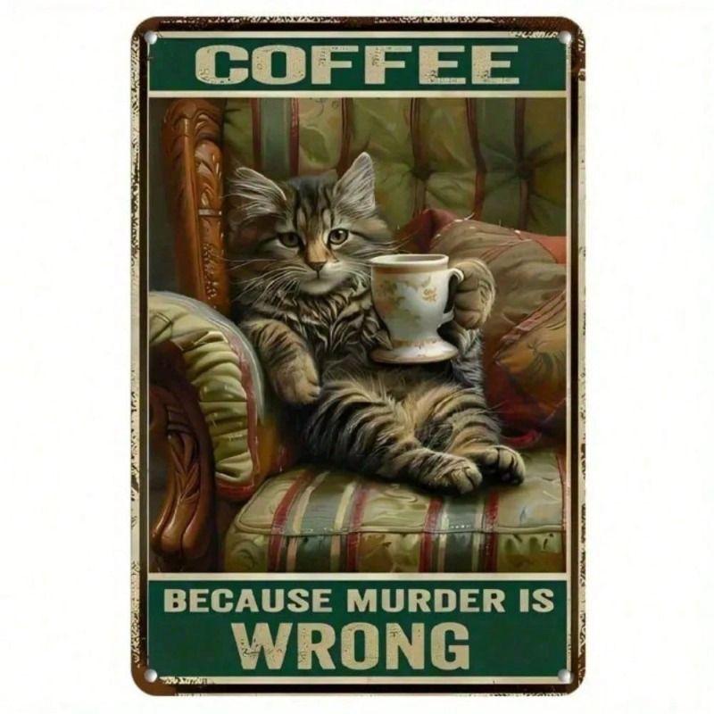 Funny Cat Coffee Metal Wall Poster Kitchen Decor