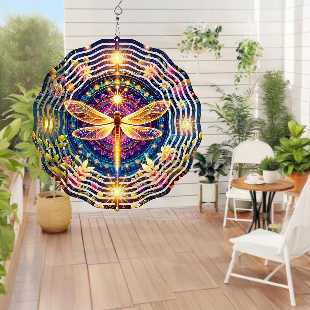 Bohemian Mandala Dragonfly Wind Spinner - 2D Stainless Steel Garden Art, Handcrafted Floral Metal