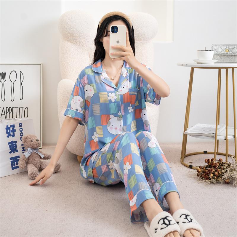 Cotton and silk pajamas women's spring and summer short-sleeved large-size suit spring and autumn thin cartoon printed loungewear