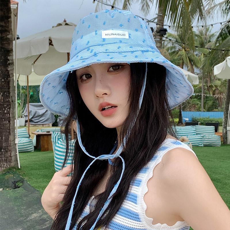 Sweet small fresh plaid bucket hat summer big brim thin student travel versatile sunshade sunscreen hat