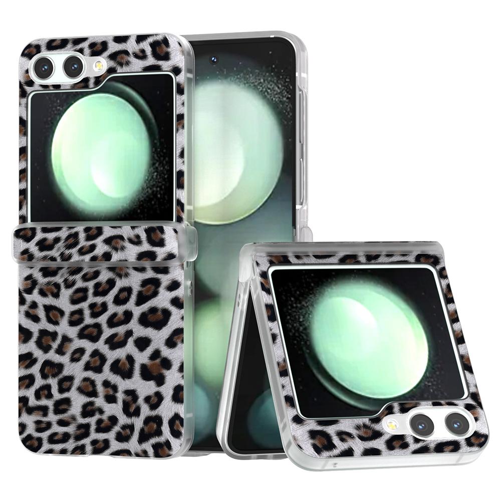 

For Samsung Galaxy Z Flip5 5G Back Case Leopard Print Texture Leather+PC Clear Matte Edge Cover Silver