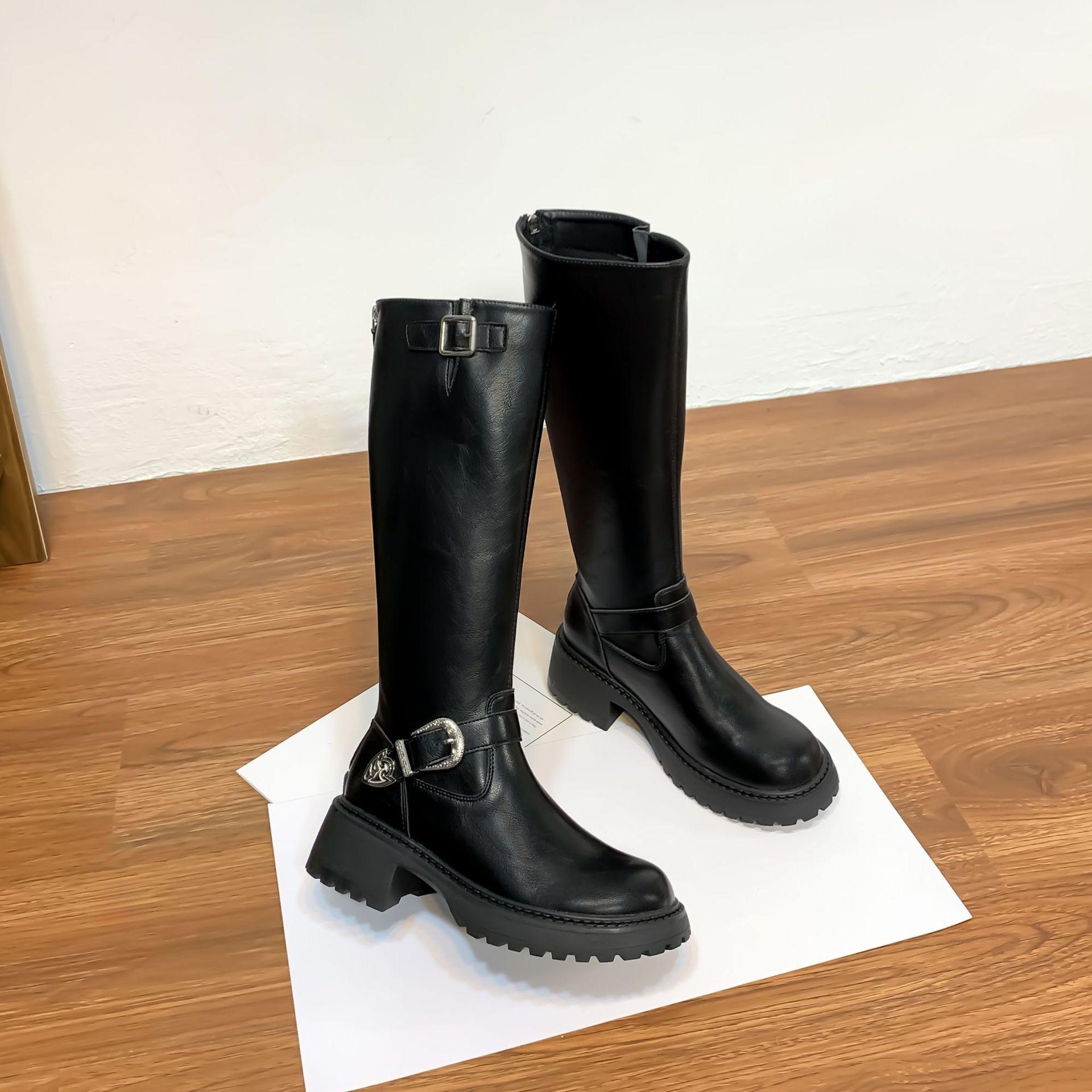 

New spot winter new fashion knight boots thick sole small height increase boots women s belt buckle leather black 40