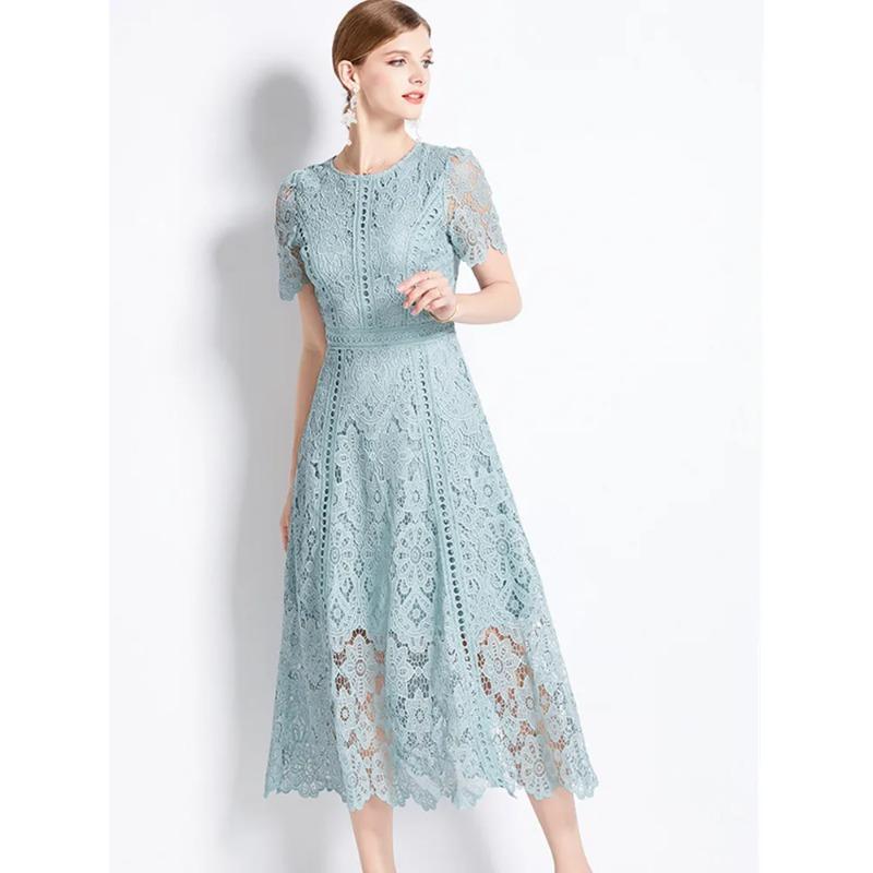 Abito da Donna Estivo Elegante Slim con Scollo a O, Manica Corta, Pizzo Intrecciato, Vintage di Alta Gamma, Abbigliamento
