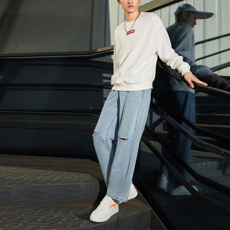 Li Ning Solid Color Casual Sports Crew Neck Pullover Long Sleeve Sweatshirt Unisex sweatshirt Off-White AWDRE50-1