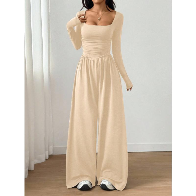 Long Sleeve Square Neck Solid Color Wide Leg Casual Jumpsuit