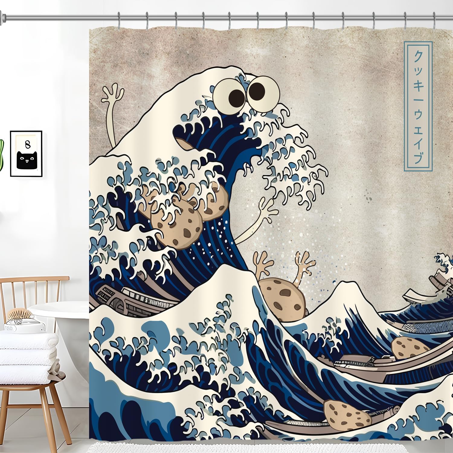 

Funny Great Cookie Wave Shower Curtains,Cool Wave Monster Eating Cookies Shower Curtain,Fun 72 x 72 Inch Japanese Style Monster 90x180cm