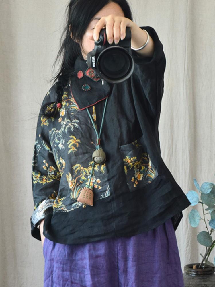 Johnature Women Vintage Linen Patchwork Color Tees Long Sleeve V-Neck Spring Tshirts Loose T-Shirts