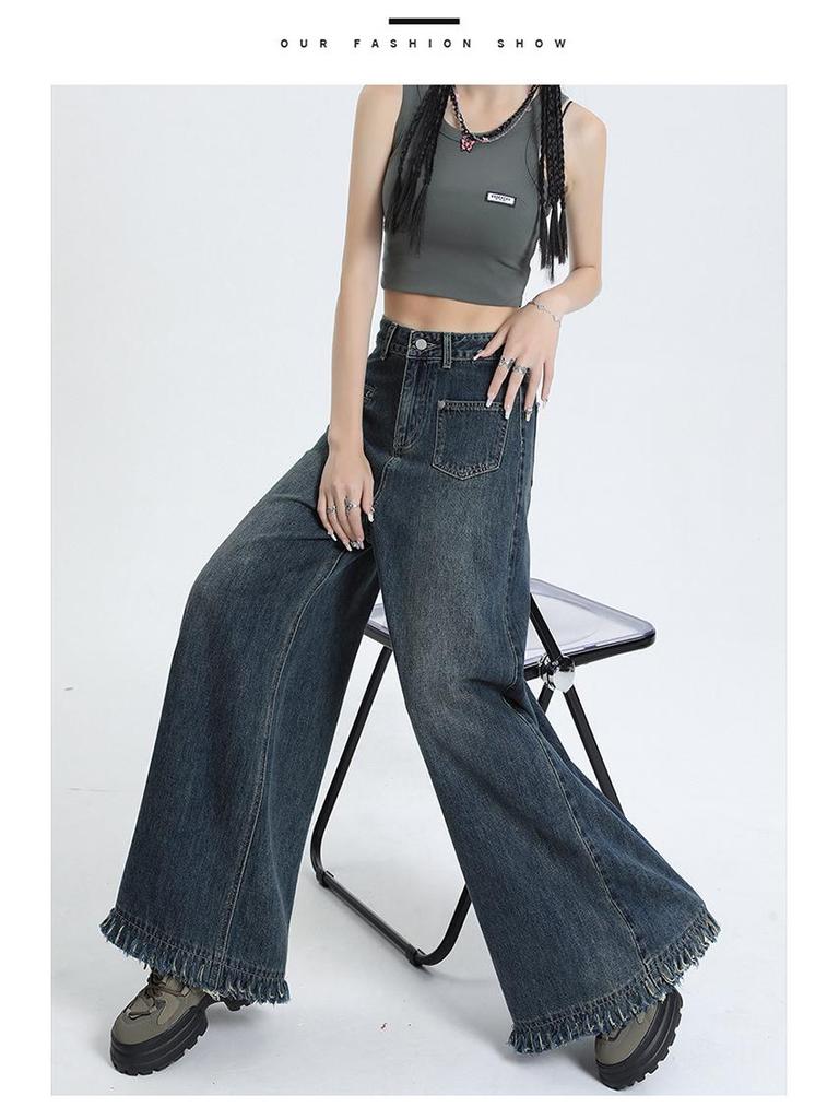 American Raw Edge Wide-Leg High-Waist Jeans for Women - Trendy Floor-Length Straight Pants