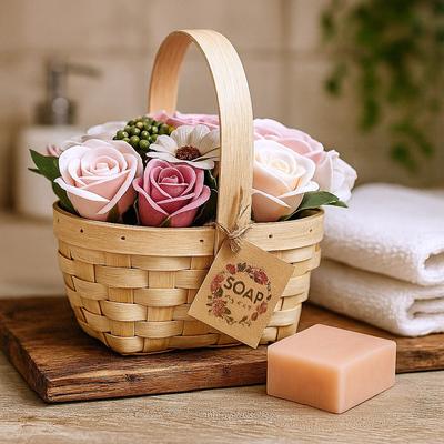 Soap Flower Bouquet Large Pink In Wicker Basket