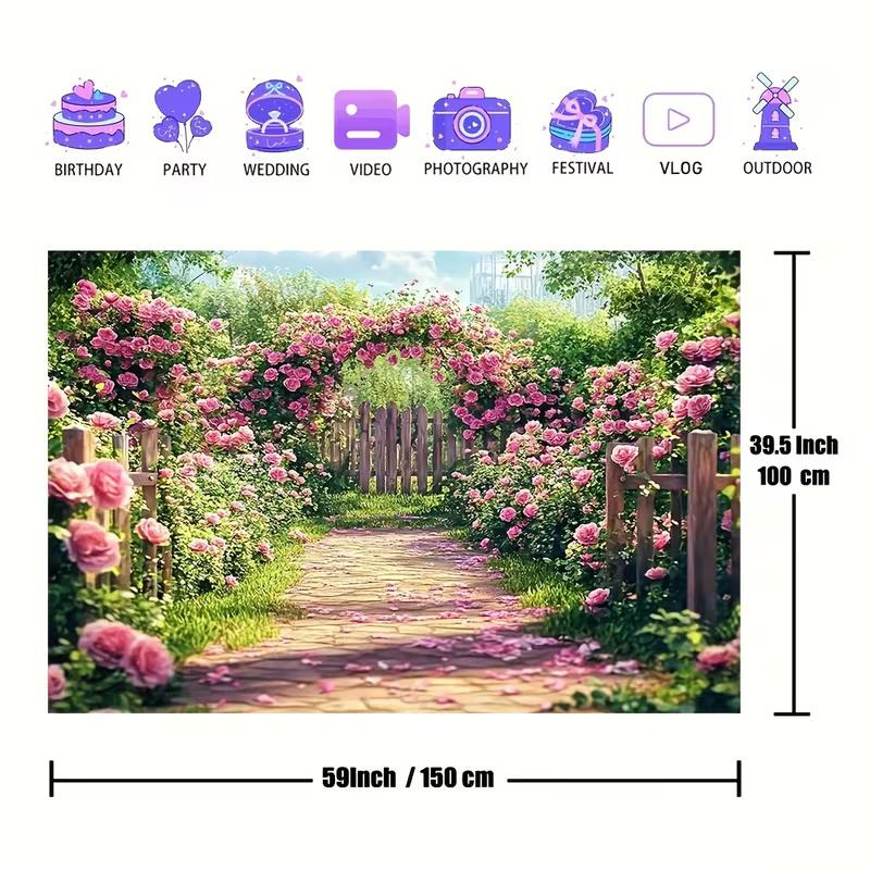 2D Pink Rose Garden Path Photography Backdrop Floral Fence Background