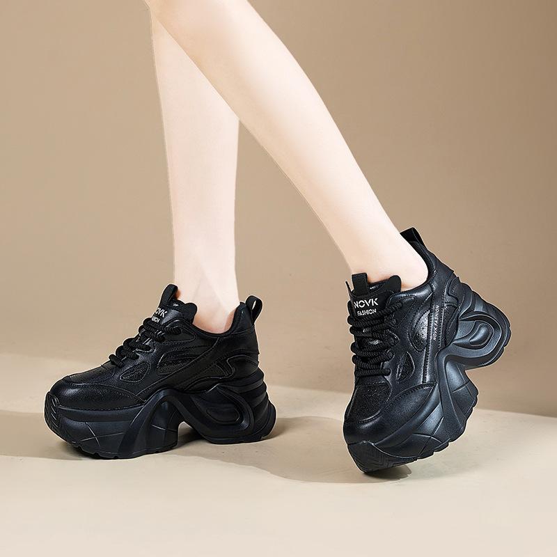 Women's Autumn and Winter Thick-soled Casual Genuine Leather Breathable Sports Shoes with Inner Height Increase Dad Shoes