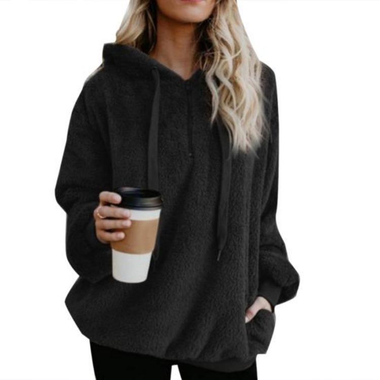 Damen Plus Size Flauschiges Kapuzensweatshirt Winter Einfarbig 1/4 Reißverschluss Kapuzenpullover