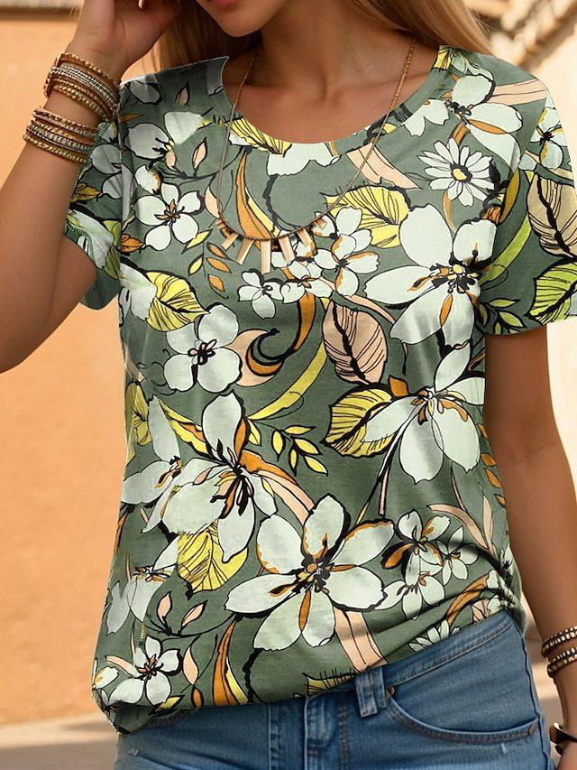 Sommer Rundhals 3D Blumenmuster Bedrucktes Top Modische Lässige Kurzarm Damen T-Shirts