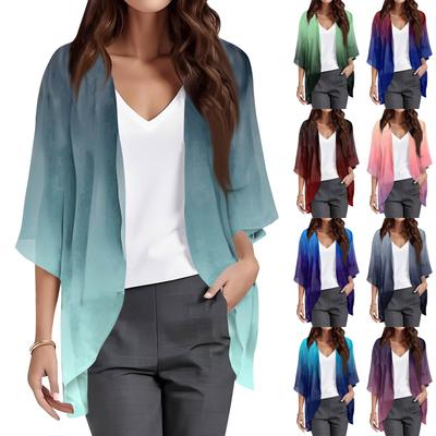 Ladies Fashion Loose Casual Gradient Print Beach Holiday   Sleeve Chiffon Cardigan