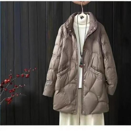 Women's Cross-Border Stand Collar Medium-Long Loose Down Jacket - White Duck Down, Light, Warm, Autumn/Winter, Xiangyun Style.