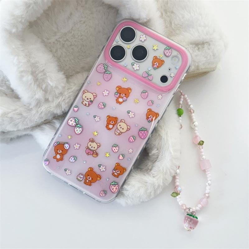 New 2026 Shockproof Phone Case For iPhone 15 16 17 Pro Max Strawberry Print With Strawberry Beaded Wrist Strap Large Window Cove