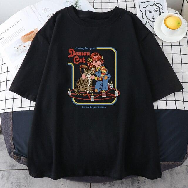 Demon Cat Prints Womans T Shirt Vintage 