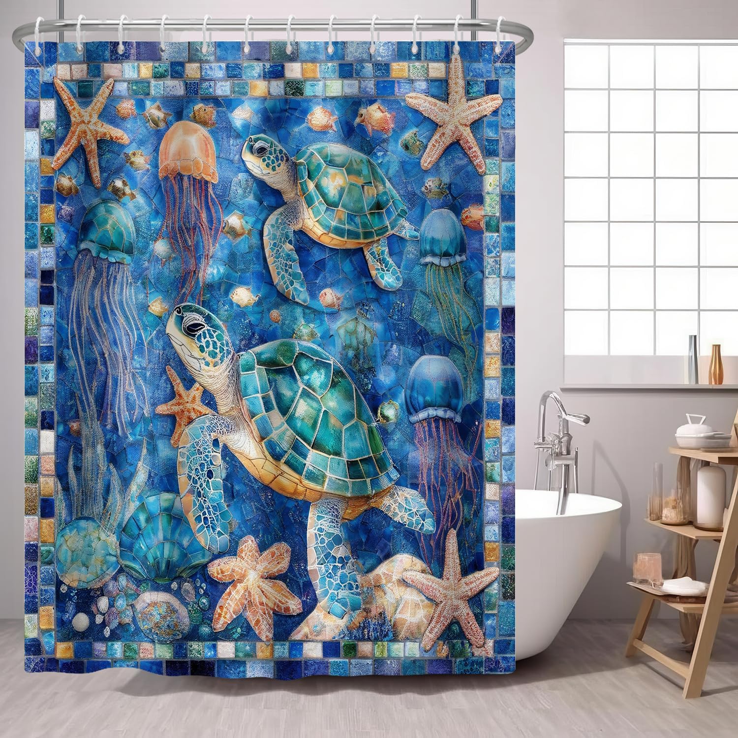 Beach Ocean Coastal Shower Curtain Nautical Conch Starfish Seashell Coral Summer Tropical Teal Blue Fabric Shower Curtains W60H190(CM)-1 Pcs