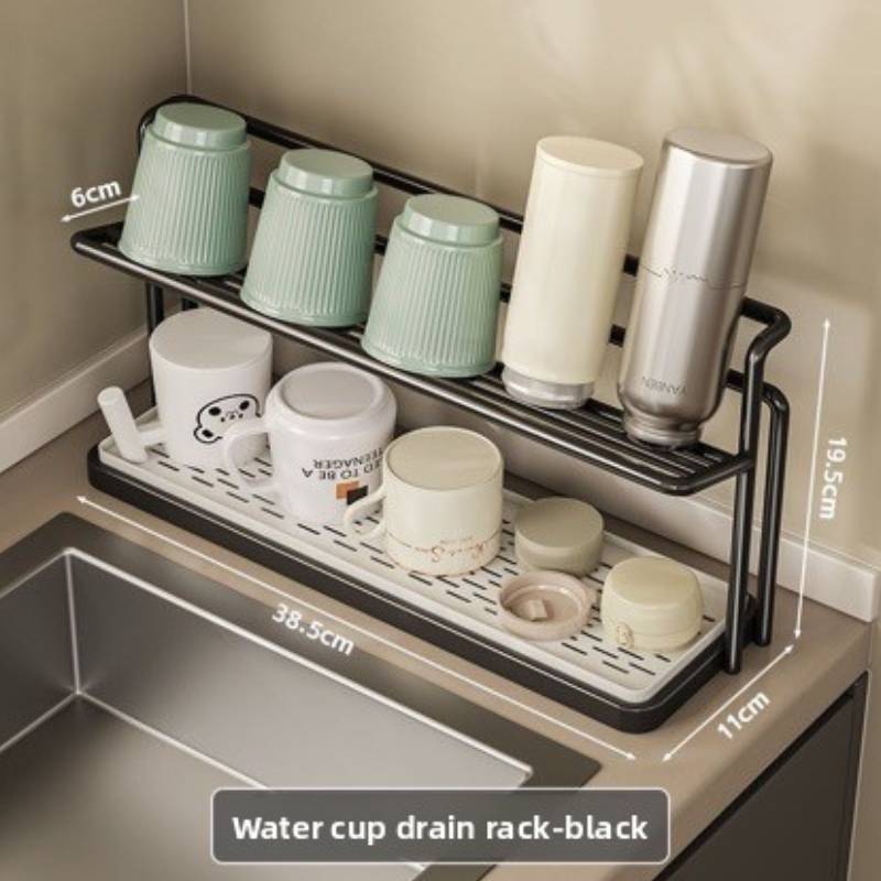 Kitchen Cup Holder Rack With Double Layer Steel Drip Tray For Home Storage Organization