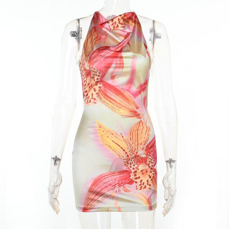 

Outfitgirl6 New Arrival European and American Women s Clothing Sexy Vacation Style Print Open Back Sexy Sheath Dress Skirt Yellow S