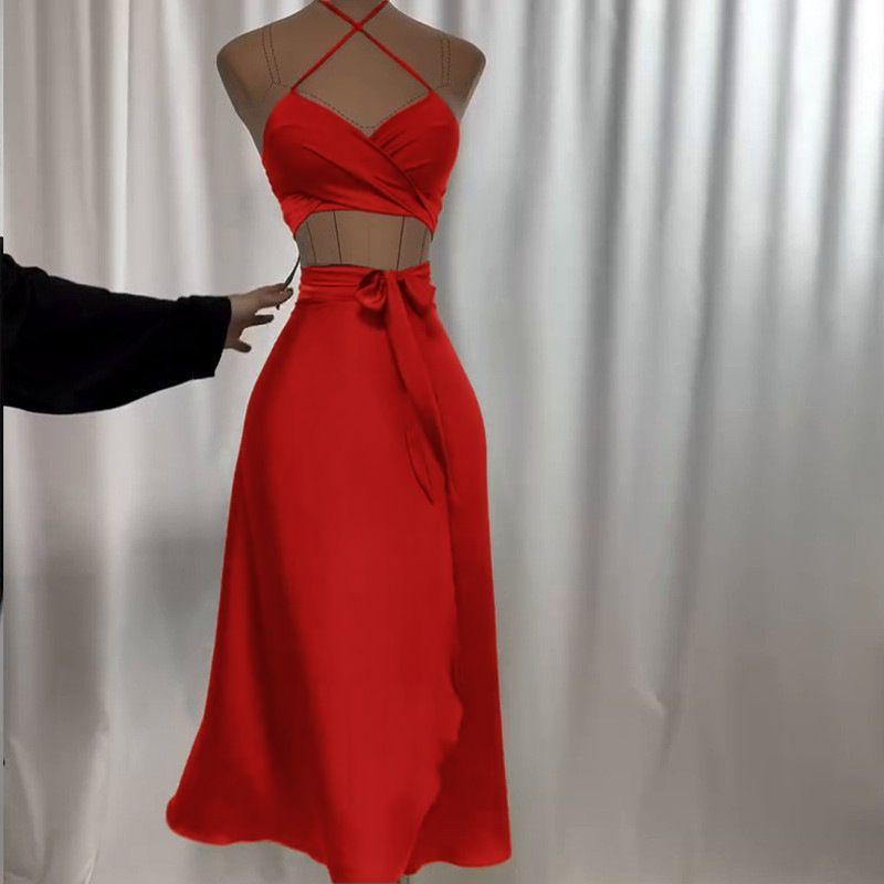 

European and American Foreign Trade 2025 Summer New Tube Top Strap Slim fit Waist Hugging Seaside Vacation Skirt sets Women clothes Red XL