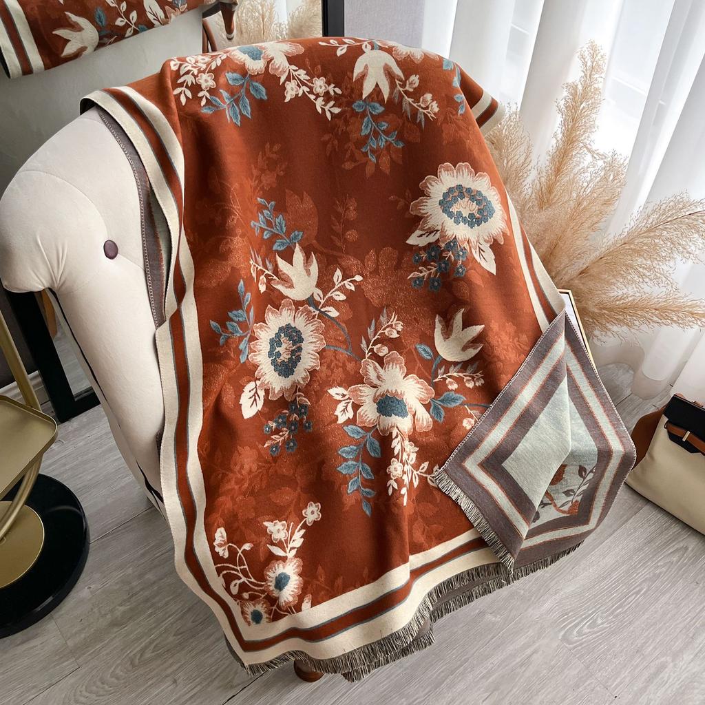 Autumn And Winter Color Matching Magnolia Flower Imitation Cashmere Scarf Women'S Winter Versatile Temperament Scarf To Keep Out The Cold Shawl