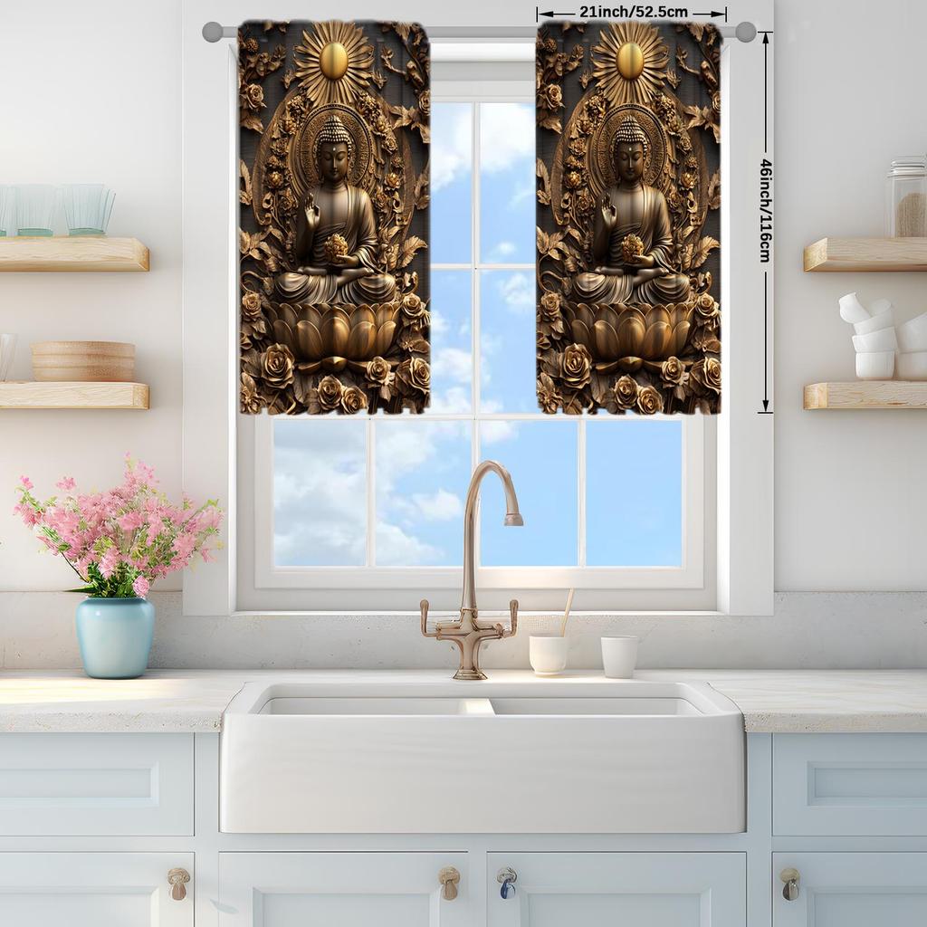 2 Panels Buddha Wood Carving Pattern Window Curtains - Heat-insulating   Suitable for Decorating Curtains In Various Rooms