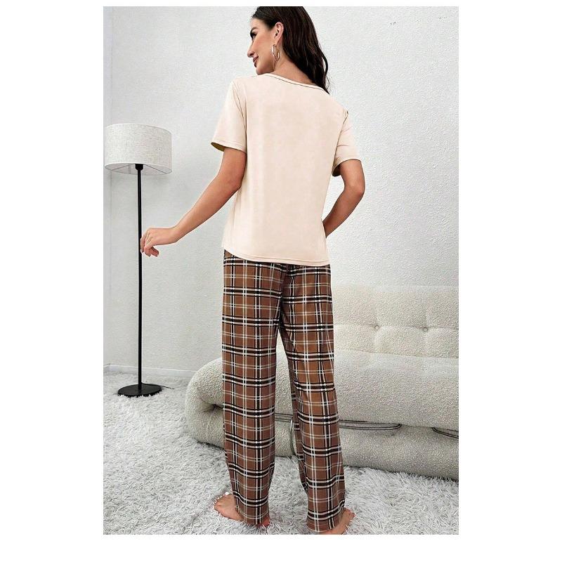 Damen Lässiges Kariertes Taschen-Kurzarm-Langhosen-Pyjama-Set Loungewear