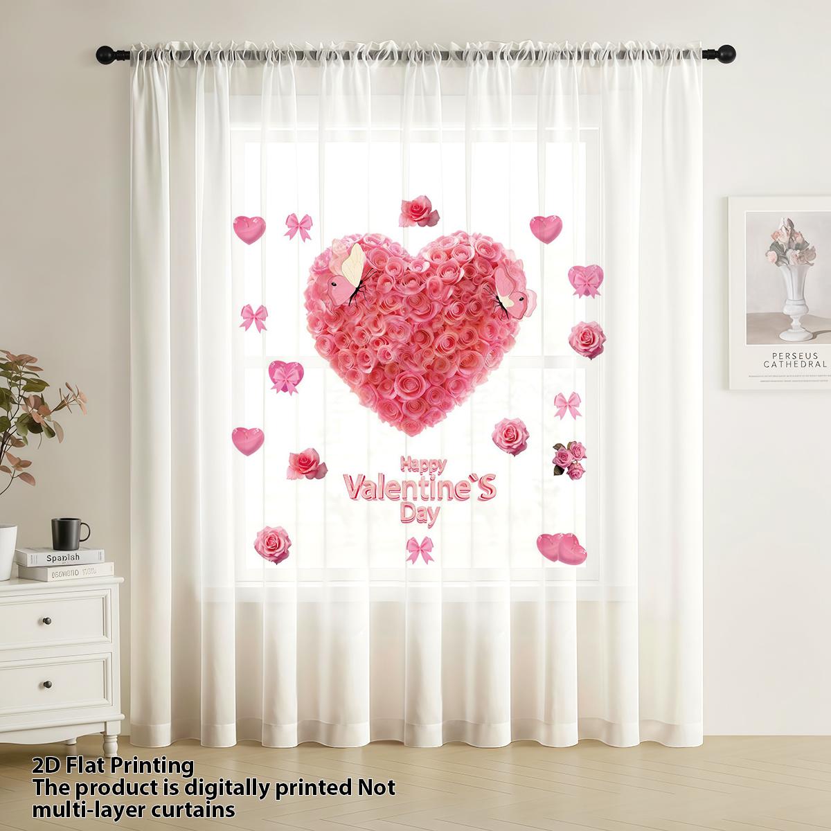 

Single Panel Rose Heart Love Curtain Valentine Day Limited Pole Mounted Romantic Atmosphere Decorative With Sheer Polyester W100*H70(CM)-Hooks&1PCS