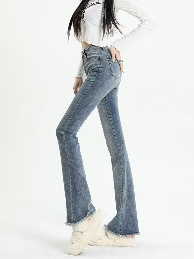 Women's Retro Gray High-Waist Micro-Flare Jeans with Frayed Hem – Slimming, Stretchy, Spring/Autumn Style