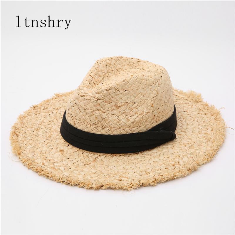 My Extreme Outdoor Activities Women's Black New Raffia Hat Panama Straw Hat Summer Ribbon Men Wide Brim Beach Sun Cap Uv Protection Jazz Fedora Hat