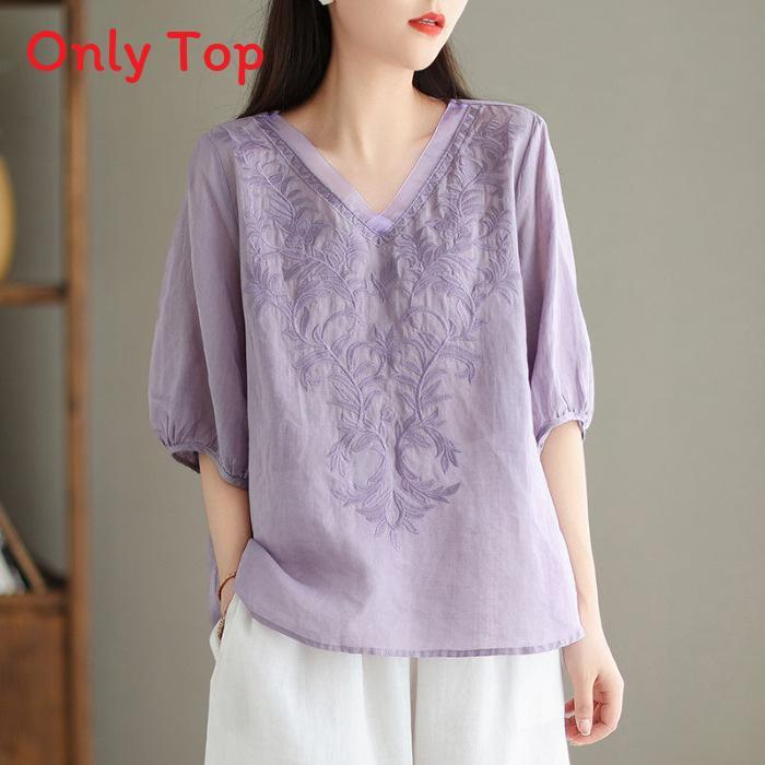 Cotton Embroidered Womens Short Sleeve Blouse For Summer Casual Wear