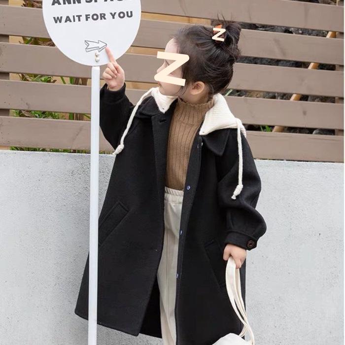 "2024 Girls' Medium/Large Woolen Winter Coat: Korean-Style Loose Cardigan Windbreaker"