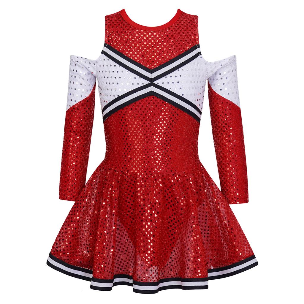 Girls Cheerleading Dress Long Sleeve Off Shoulder Round Neck Contrast Color Shiny Sequins Dance Costume