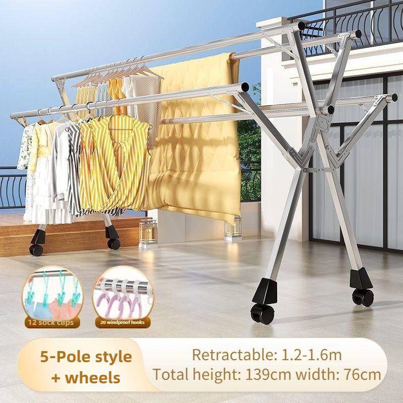 Varal de Roupa de Aço Inoxidável Doméstico Dobrável Cabide Varal Varanda 5 Varas Extensível Ferramenta de Secagem de Roupa