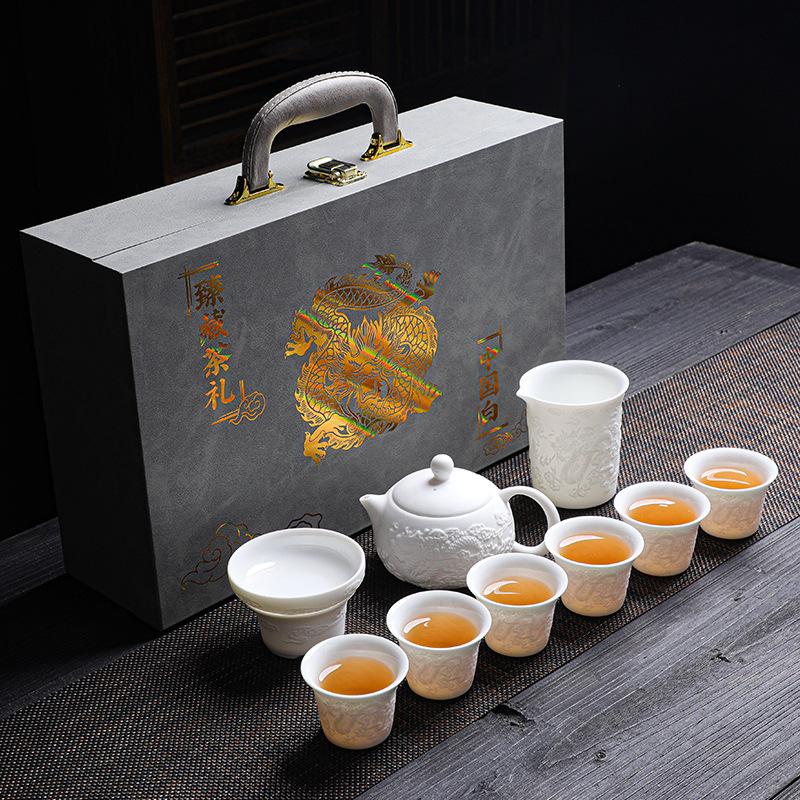 

Embossed tea set, dragon and phoenix cup type cover bowl with teapot, household business gift belt, gift box, simple and portable companion