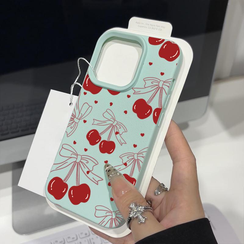 Leather Texture TPU Soft Phone Case For iPhone 16 Pro Max 15 Pro 14 13 12 11 Bowknot Cherry Print Slim Shockproof Matte Bumper Cover