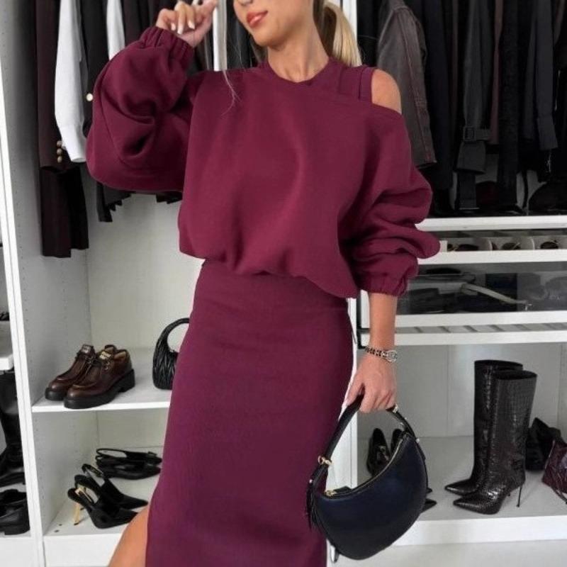 New Fall/Winter Women's Loose-Fit Off-the-Shoulder Batwing Sleeve Sweatshirt Tank Top and Maxi Dress Set