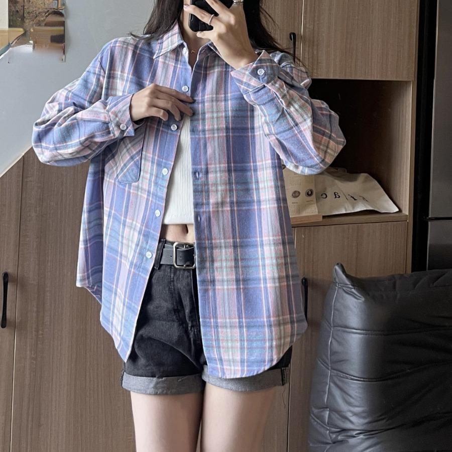 

Классическая клетчатая рубашка, простые топы, весенне-осенние рубашки с длинными рукавами с лацканами, женская хлопковая блузка с начесом, азиатский размер M фиолетовый