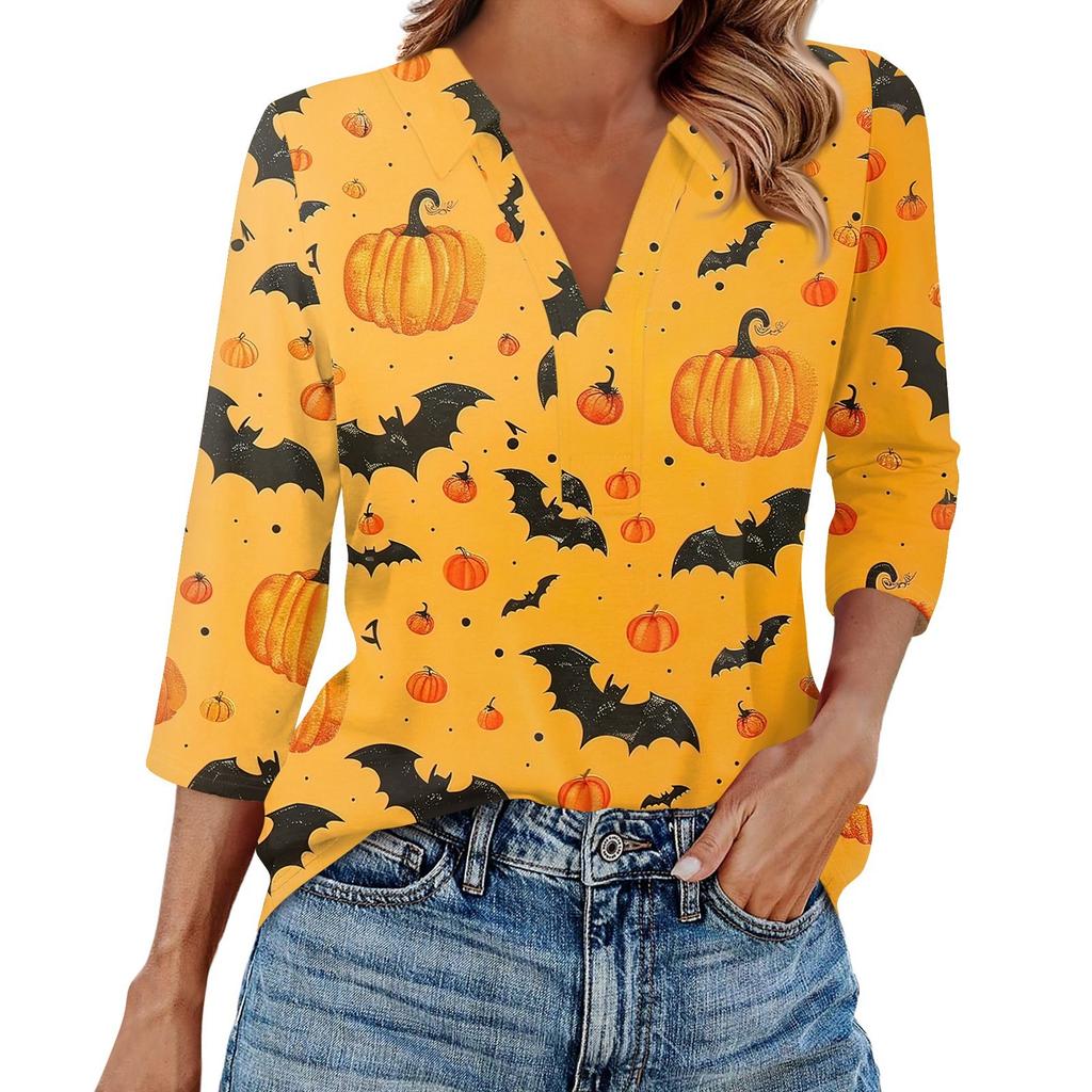 Modă Femei Casual Rever Mânecă 3/4 Cămașă cu Imprimeu Halloween Topuri cu Decolteu în V pentru Femei