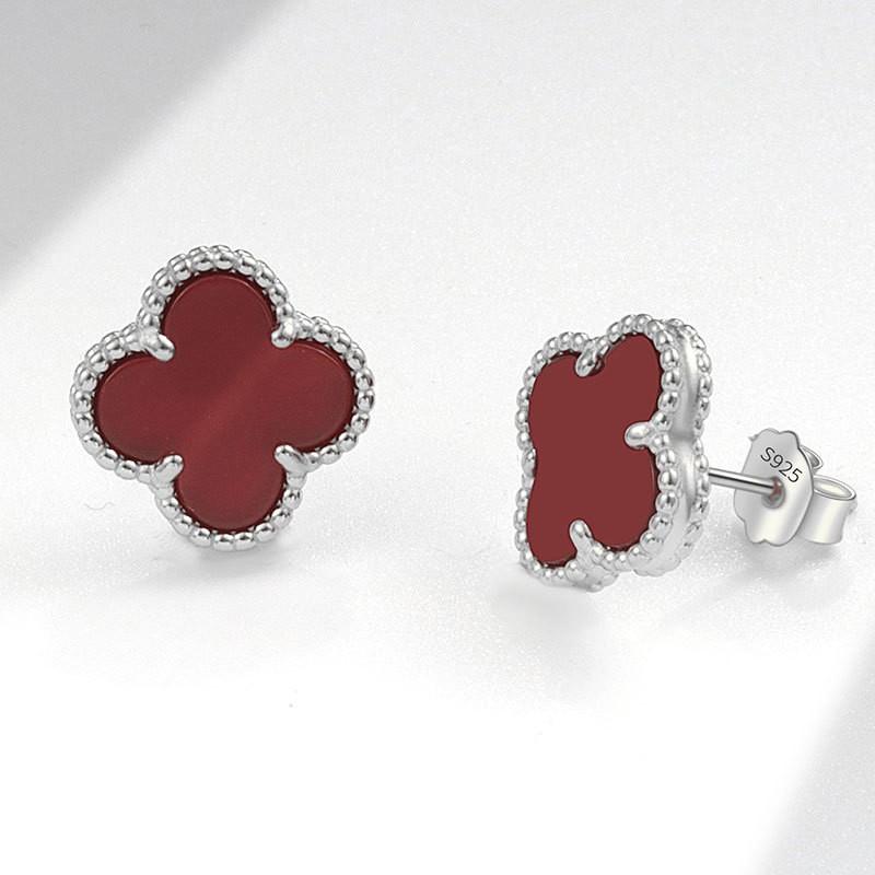 Womens Four Leaf Clover Earrings 18K Gold Plated Red Agate Luxury Fashion Jewelry