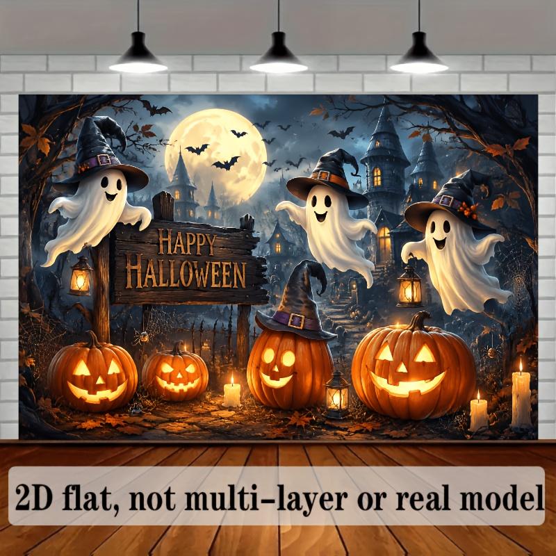 2D flat Halloween-themed background fabric, featuring ghosts wearing witch hats and glowing pumpkin lanternszyc
