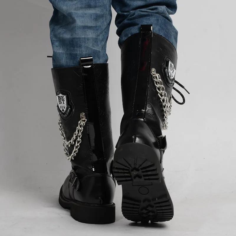 Men's Leather Motorcycle Boots Fashion Chain Mid-calf Platform Boots Gothic Belt Punk Boots for Men Designer Biker Boots Men